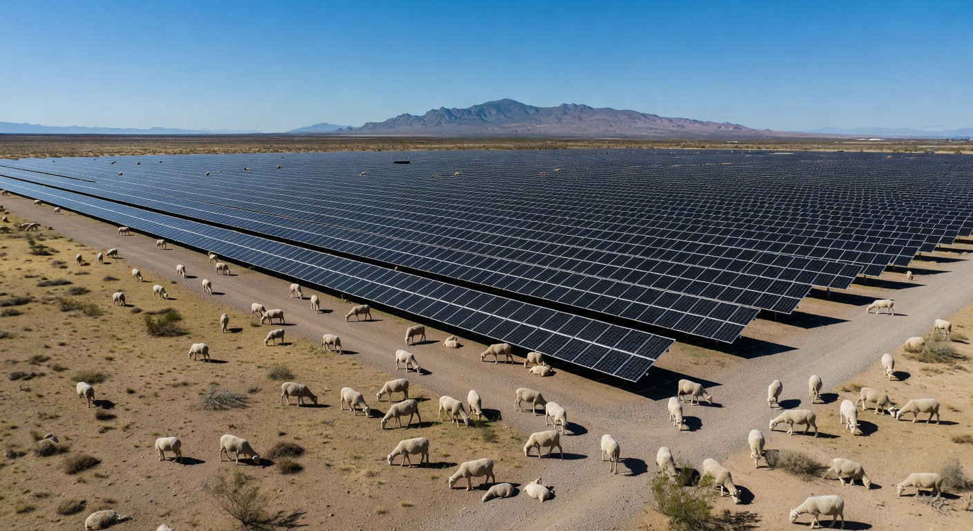 Sheep grazing at desert solar farm