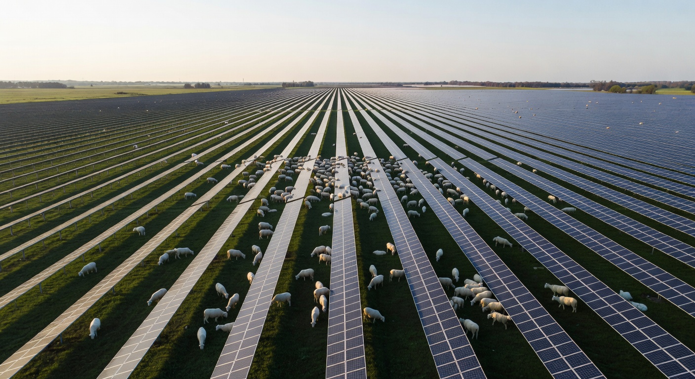 Sheep grazing at expansive solar farm