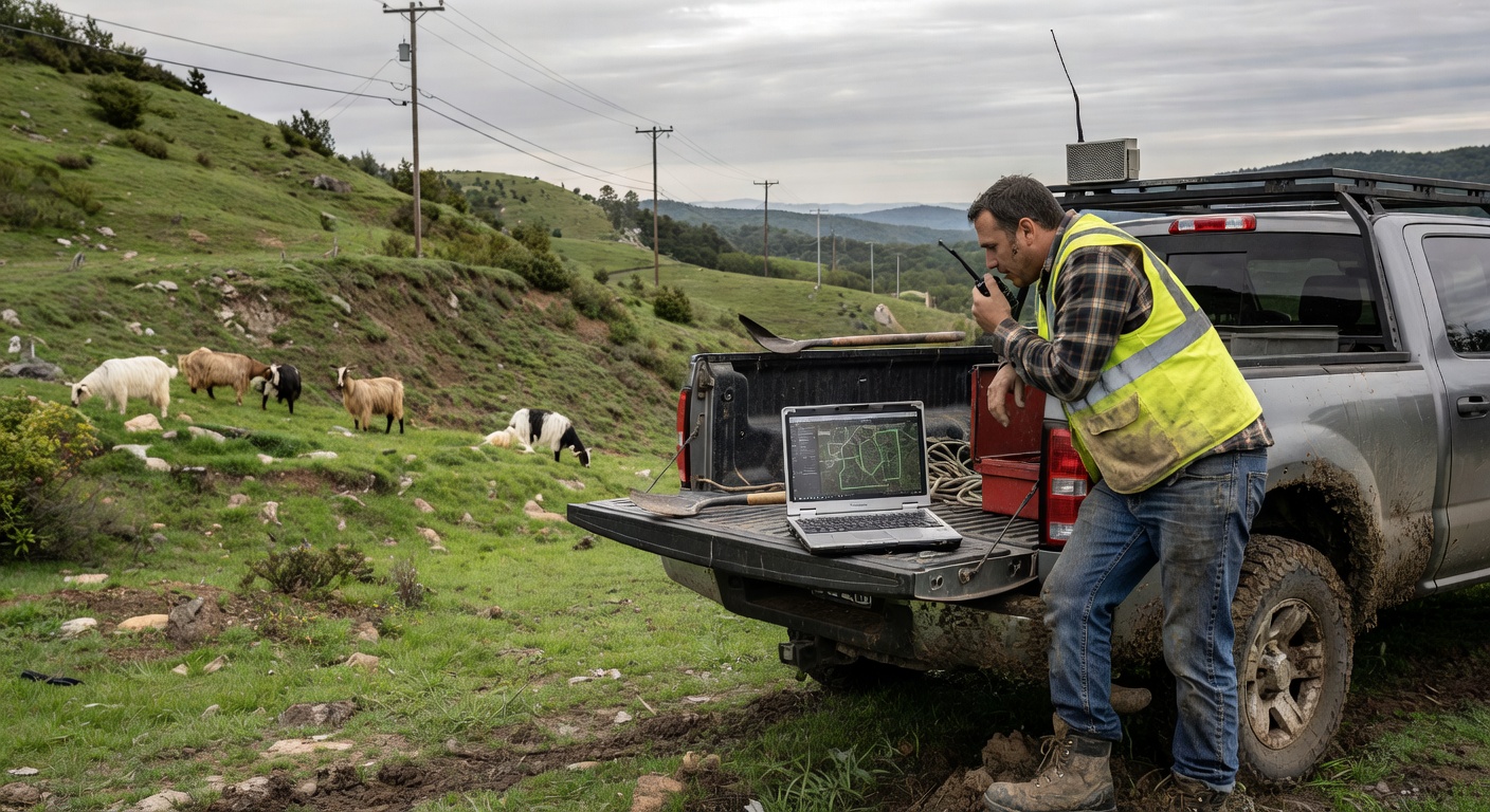 Truck tailgate field office with laptop