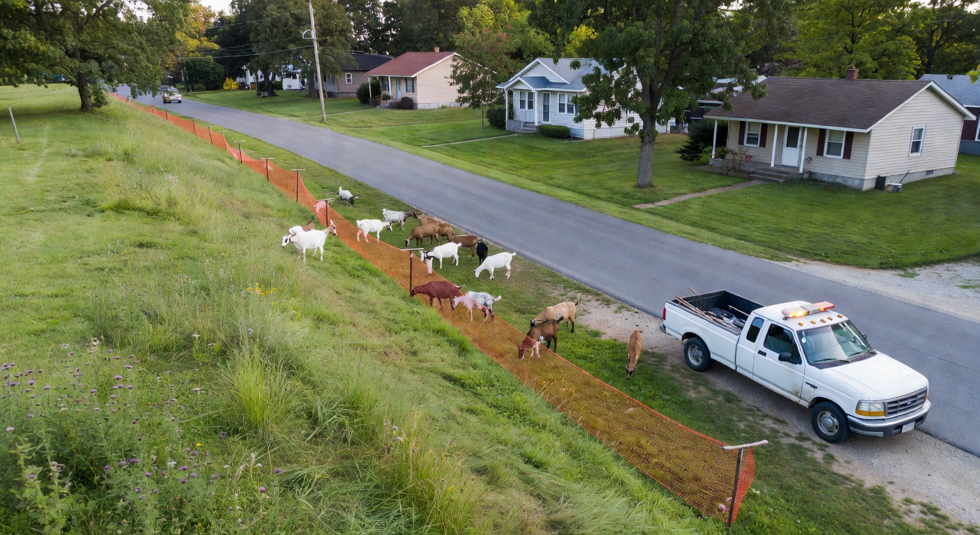 Goats clearing town road embankment